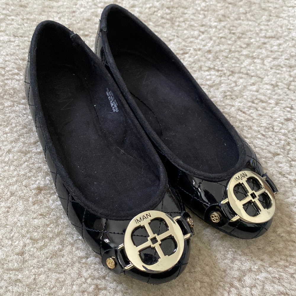 Iman black patent ballet flats